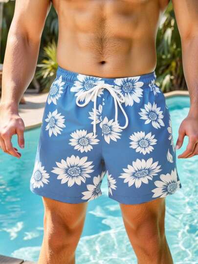 Manfinity Swimmode شورت كاجوال للشاطئ مطبوع بطبعة دوار الشمس مع خصر رباط