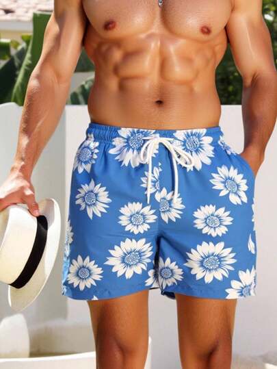 Manfinity Swimmode شورت كاجوال للشاطئ مطبوع بطبعة دوار الشمس مع خصر رباط