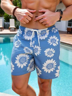 Manfinity Swimmode شورت كاجوال للشاطئ مطبوع بطبعة دوار الشمس مع خصر رباط