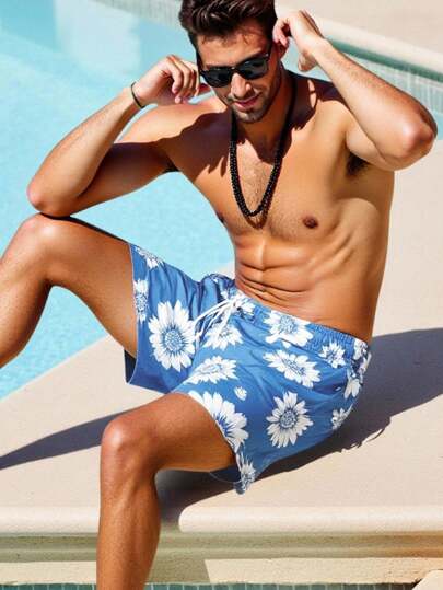 Manfinity Swimmode شورت كاجوال للشاطئ مطبوع بطبعة دوار الشمس مع خصر رباط
