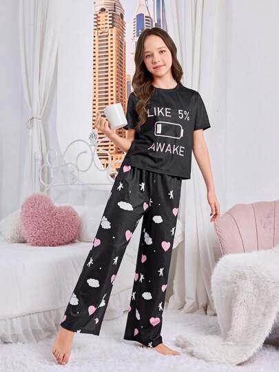 SHEIN مجموعة بيجاما محبوكة مضادة للهب مع أكمام قصيرة لطيفة وبنطلون طويل لفتاة توين