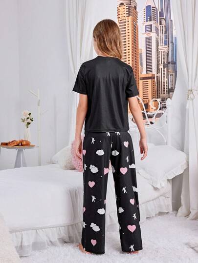 SHEIN مجموعة بيجاما محبوكة مضادة للهب مع أكمام قصيرة لطيفة وبنطلون طويل لفتاة توين