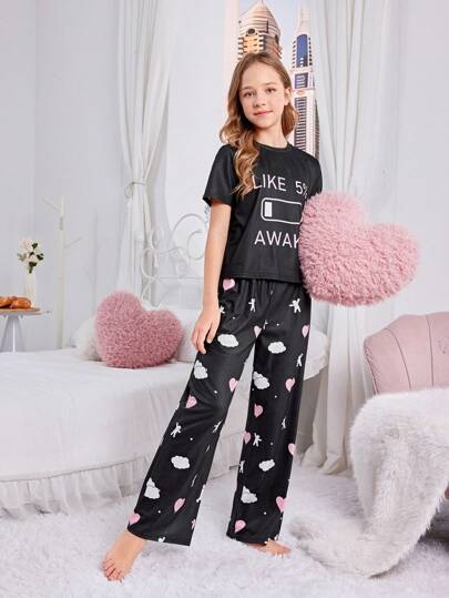 SHEIN مجموعة بيجاما محبوكة مضادة للهب مع أكمام قصيرة لطيفة وبنطلون طويل لفتاة توين