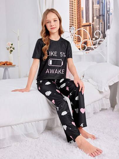 SHEIN مجموعة بيجاما محبوكة مضادة للهب مع أكمام قصيرة لطيفة وبنطلون طويل لفتاة توين
