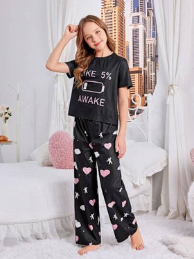 SHEIN مجموعة بيجاما محبوكة مضادة للهب مع أكمام قصيرة لطيفة وبنطلون طويل لفتاة توين