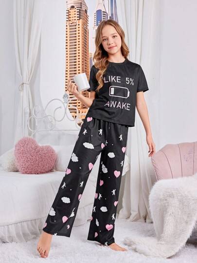 SHEIN مجموعة بيجاما محبوكة مضادة للهب مع أكمام قصيرة لطيفة وبنطلون طويل لفتاة توين
