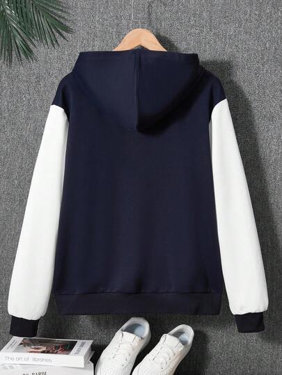 جاكيت كاجوال فضفاضة بغطاء رأس للرجال بتصميم ألوان متباينة من الأزرق الداكن والأبيض، جاكيت جامعية بشعار للرجال، جاكيت أزرق داكن بغطاء رأس للرجال، جاكيت جامعية بغطاء رأس للرجال، جاكيت بغطاء رأس للرجال بتصميم لونين