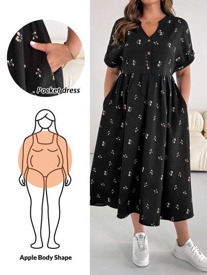SHEIN Essnce فستان بيبي للنساء كبيرات الحجم، فستان فضفاض، فستان صيفي قصير الأكمام، ملابس كبيرة الحجم فضفاضة ومريحة، فستان مطبوع، فستان للعطلات، فساتين كاجوال للنساء، فستان للعودة إلى المنزل، فستان كاجوال، فساتين للنساء، فستان كاجوال للمعلمات، تنورة بالون