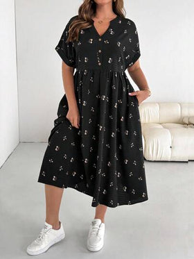 SHEIN Essnce فستان بيبي للنساء كبيرات الحجم، فستان فضفاض، فستان صيفي قصير الأكمام، ملابس كبيرة الحجم فضفاضة ومريحة، فستان مطبوع، فستان للعطلات، فساتين كاجوال للنساء، فستان للعودة إلى المنزل، فستان كاجوال، فساتين للنساء، فستان كاجوال للمعلمات، تنورة بالون