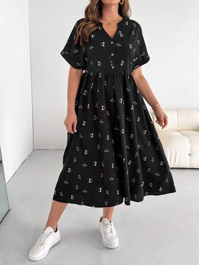 SHEIN Essnce فستان بيبي للنساء كبيرات الحجم، فستان فضفاض، فستان صيفي قصير الأكمام، ملابس كبيرة الحجم فضفاضة ومريحة، فستان مطبوع، فستان للعطلات، فساتين كاجوال للنساء، فستان للعودة إلى المنزل، فستان كاجوال، فساتين للنساء، فستان كاجوال للمعلمات، تنورة بالون