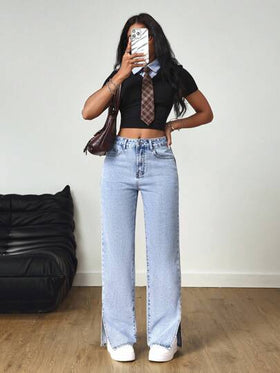 SHEIN Tall جينز ذو شق الكاحل طويل مغسول بلون فاتح