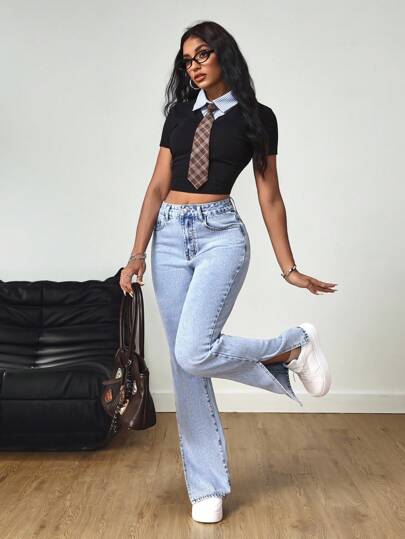 SHEIN Tall جينز ذو شق الكاحل طويل مغسول بلون فاتح