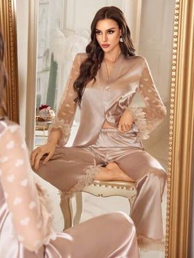 LuxeNights مجموعة بيجامات نسائية من الدانتيل الزهري ثلاثي الأبعاد والشبك والساتان الصناعي، مجموعة ملابس نوم، مجموعة ملابس نوم للعروس، ملابس خريف وشتاء