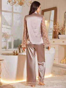 LuxeNights مجموعة بيجامات نسائية من الدانتيل الزهري ثلاثي الأبعاد والشبك والساتان الصناعي، مجموعة ملابس نوم، مجموعة ملابس نوم للعروس، ملابس خريف وشتاء