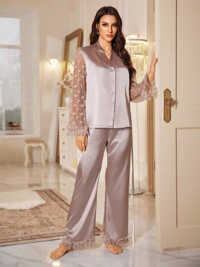 LuxeNights مجموعة بيجامات نسائية من الدانتيل الزهري ثلاثي الأبعاد والشبك والساتان الصناعي، مجموعة ملابس نوم، مجموعة ملابس نوم للعروس، ملابس خريف وشتاء