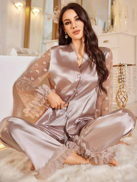 LuxeNights مجموعة بيجامات نسائية من الدانتيل الزهري ثلاثي الأبعاد والشبك والساتان الصناعي، مجموعة ملابس نوم، مجموعة ملابس نوم للعروس، ملابس خريف وشتاء