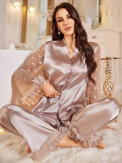 LuxeNights مجموعة بيجامات نسائية من الدانتيل الزهري ثلاثي الأبعاد والشبك والساتان الصناعي، مجموعة ملابس نوم، مجموعة ملابس نوم للعروس، ملابس خريف وشتاء