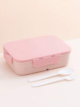 صندوق غداء محكم الإغلاق آمن للميكروويف مع ملعقة وشوكة، مناسب للأطفال والبالغين والطلاب وموظفي المكاتب (وردي)