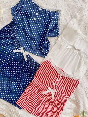 SHEIN 6 قطع مجموعة بيجامة نسائية كاجوال مكونة من قميص كامي مطبوع بالزهور وشورت، مزينة بقطع من الدانتيل