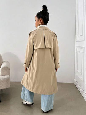 SHEIN معطف خفيف مزدوج الصدر بياقة واسعة من القماش الكحلي للفتيات المراهقات، بطراز عسكري كاجوال، مناسب للتنقل والارتداء في الخارج