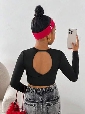 SHEIN تي شيرت كاجوال رياضي للفتيات المراهقات بياقة طاقم مضفر أسود بأكمام طويلة بدون ظهر