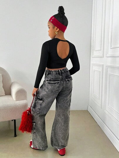 SHEIN تي شيرت كاجوال رياضي للفتيات المراهقات بياقة طاقم مضفر أسود بأكمام طويلة بدون ظهر