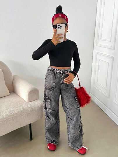 SHEIN تي شيرت كاجوال رياضي للفتيات المراهقات بياقة طاقم مضفر أسود بأكمام طويلة بدون ظهر