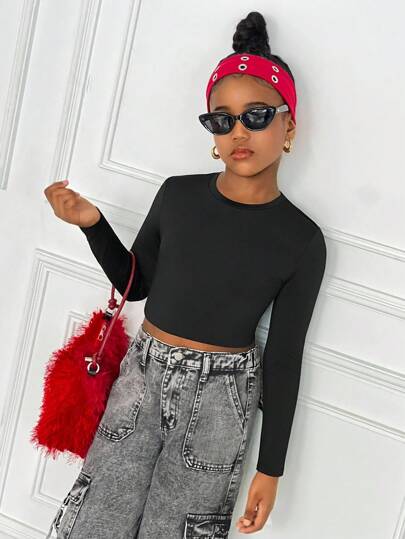 SHEIN تي شيرت كاجوال رياضي للفتيات المراهقات بياقة طاقم مضفر أسود بأكمام طويلة بدون ظهر