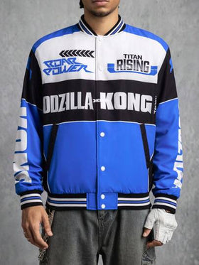 GODZILLAxKONG X SHEIN جاكيت رجالية بأكمام طويلة وأزرار أمامية مع رسومات حرفية وألوان متباينة