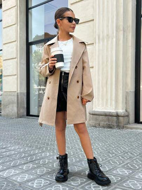 SHEIN معطف كاجوال ذو صدر مزدوج وربطة خصر وجيوب للفتيات المراهقات، جاكيت رياح بجيوب وربطة خصر، بطراز كولومبي كاجوال، مناسب للارتداء اليومي والتنقل، معطف خندق كاكي للخريف والشتاء