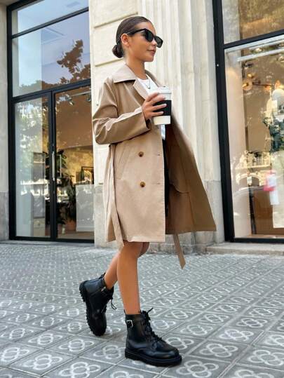 SHEIN معطف كاجوال ذو صدر مزدوج وربطة خصر وجيوب للفتيات المراهقات، جاكيت رياح بجيوب وربطة خصر، بطراز كولومبي كاجوال، مناسب للارتداء اليومي والتنقل، معطف خندق كاكي للخريف والشتاء