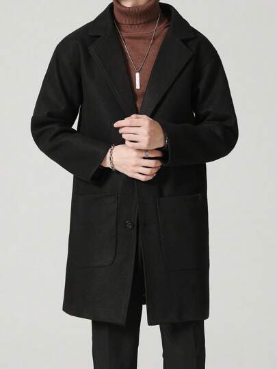 معطف صوف أحادي اللون للرجال، أنيق وبسيط للأعمال اليومية