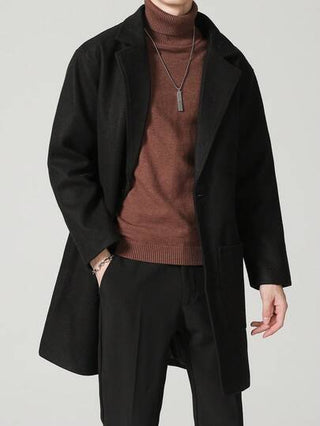 معطف صوف أحادي اللون للرجال، أنيق وبسيط للأعمال اليومية