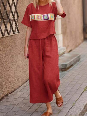 SHEIN LUNE مجموعتان من الملابس النسائية بأكمام قصيرة بطراز بوهيمي مرقّع