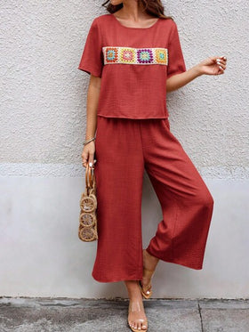 SHEIN LUNE مجموعتان من الملابس النسائية بأكمام قصيرة بطراز بوهيمي مرقّع