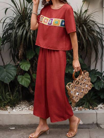 SHEIN LUNE مجموعتان من الملابس النسائية بأكمام قصيرة بطراز بوهيمي مرقّع