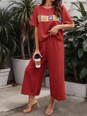 SHEIN LUNE مجموعتان من الملابس النسائية بأكمام قصيرة بطراز بوهيمي مرقّع