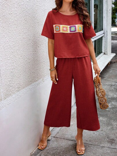 SHEIN LUNE مجموعتان من الملابس النسائية بأكمام قصيرة بطراز بوهيمي مرقّع