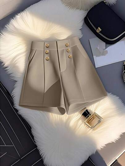 SHEIN Clasi شورت نسائي أنيق وعملي بجيوب وتصميم بسيط وأنيق، لون أحادي، مناسب للربيع والصيف