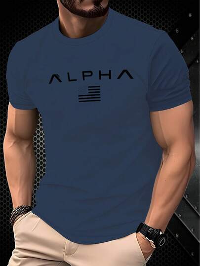 قميص تي شيرت رجالي قصير الأكمام من البوليستر 100% بتصميم شخصي، طباعة نص "ألفا" وشعار بسيط، قماش خفيف الوزن وسريع الجفاف مناسب للصيف