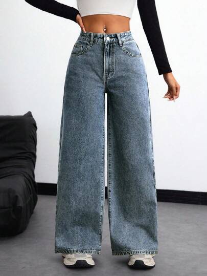 SHEIN ICON بنطلون جينز واسع الساق عادي مغسول