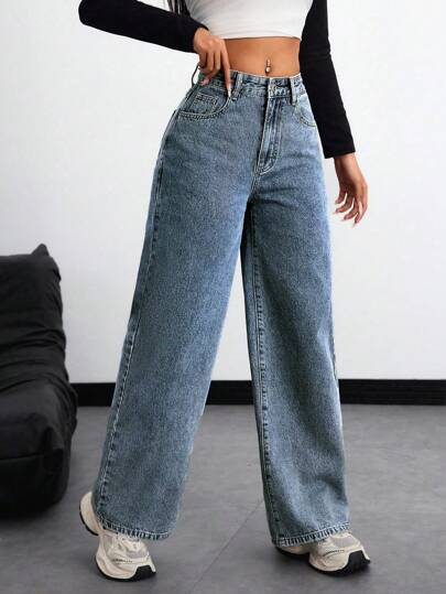 SHEIN ICON بنطلون جينز واسع الساق عادي مغسول