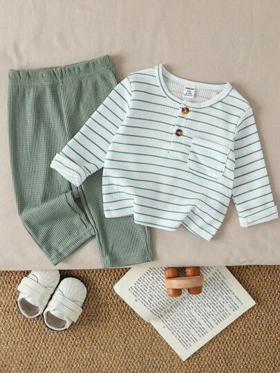 SHEIN Playful Pals مجموعة ملابس طفل ولد مكونة من 2 قطعة، قميص كم طويل مخطط بطراز كلاسيكي وبنطلون بلون مغاير، مناسبة للربيع/الخريف، للارتداء اليومي، للخروجات، الحفلات، العطلات، الحدائق