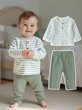 SHEIN Playful Pals مجموعة ملابس طفل ولد مكونة من 2 قطعة، قميص كم طويل مخطط بطراز كلاسيكي وبنطلون بلون مغاير، مناسبة للربيع/الخريف، للارتداء اليومي، للخروجات، الحفلات، العطلات، الحدائق