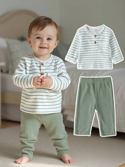 SHEIN Playful Pals مجموعة ملابس طفل ولد مكونة من 2 قطعة، قميص كم طويل مخطط بطراز كلاسيكي وبنطلون بلون مغاير، مناسبة للربيع/الخريف، للارتداء اليومي، للخروجات، الحفلات، العطلات، الحدائق