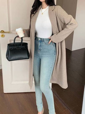 DAZY معطف كاجوال أحادي اللون، جاكيت طويل للنساء في فصلي الخريف والشتاء