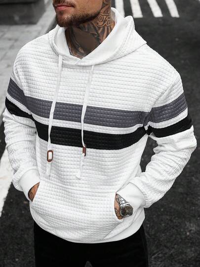 Manfinity CasualCool هودي رجالي مخطط ذو لونين مع سحاب، هدية مثالية للصديق أو الزوج، مزيج من الأسود والرمادي والأبيض، هوديز رجالية كاجوال، هودي مبطن رجالي أبيض، هودي مخطط رجالي