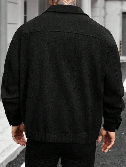 Manfinity Homme معطف رجالي كاجوال أزرار طويل الأكمام، خريف/شتاء، معطف رجالي خريفي وشتوي فاخر كاجوال من التويد بياقة وجيوب دافئ بأساور مرنة