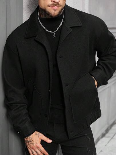 Manfinity Homme معطف رجالي كاجوال أزرار طويل الأكمام، خريف/شتاء، معطف رجالي خريفي وشتوي فاخر كاجوال من التويد بياقة وجيوب دافئ بأساور مرنة