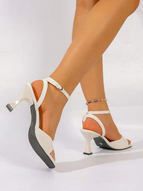 صنادل نسائية ذات كعب عالي وأصبع مربع، صنادل صيفية بدون ظهر مربوطة بالحبال، كعب عالي أنيق، حذاء كعب بلون عاري جذاب